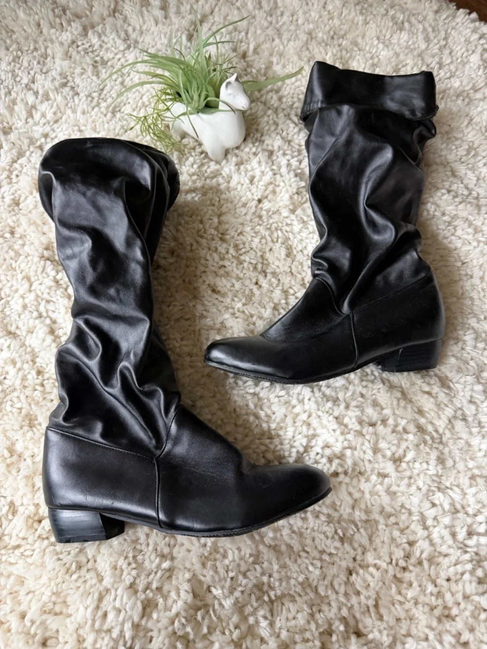 Women's cute Black Over-the-Knee Slouch Boots — Classic Low Heel slouch shaft fo